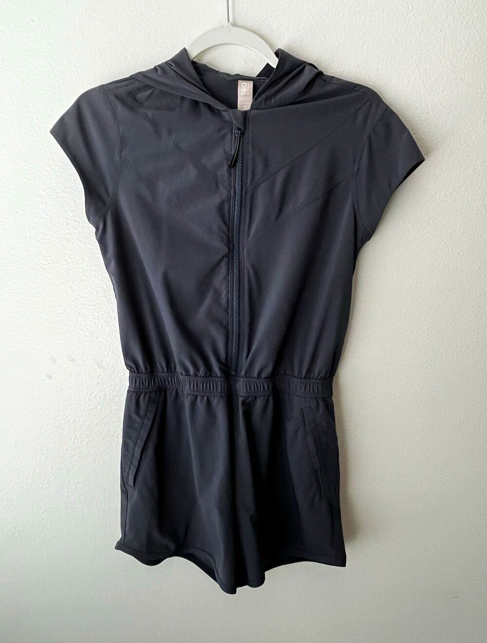 Athleta Girl Hooded Zip Romper One-Piece Shorts Pockets Gray XL (14)